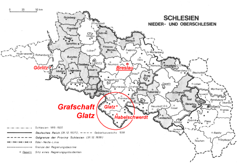 Karte von Schlesien mit der Grafschaft Glatz